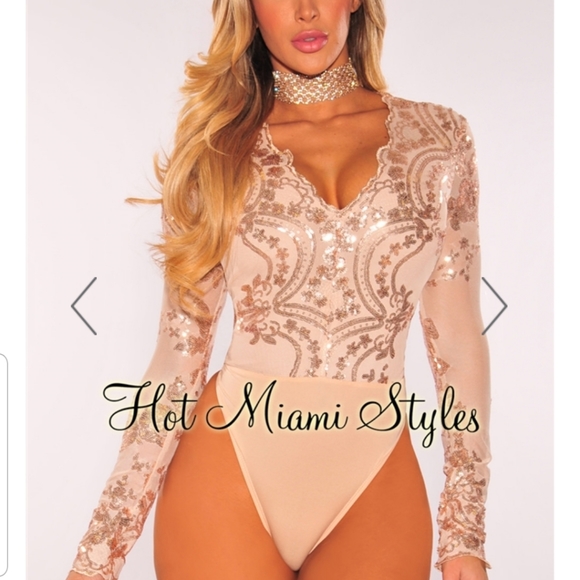 Nude Rose Gold Sequins Bodysuit - Picture 1 of 3